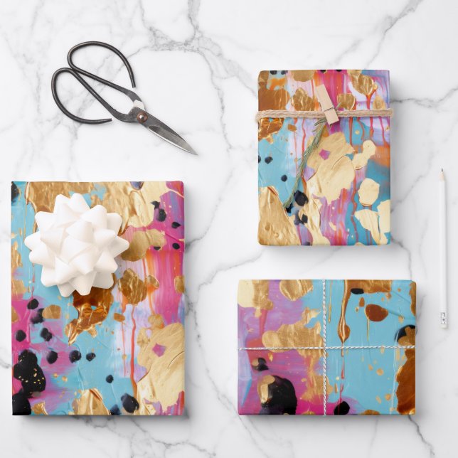 Gold Aqua Pink Abstrakt Leopard Geschenkpapier Set (Vorderseite)