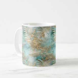 Gold Aqua White Tropical Blätter Kaffeetasse