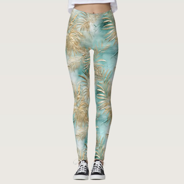 Gold Aqua White Tropical Blätter Leggings (Vorderseite)
