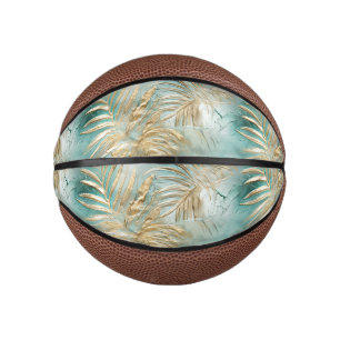 Gold Aqua White Tropical Blätter Mini Basketball
