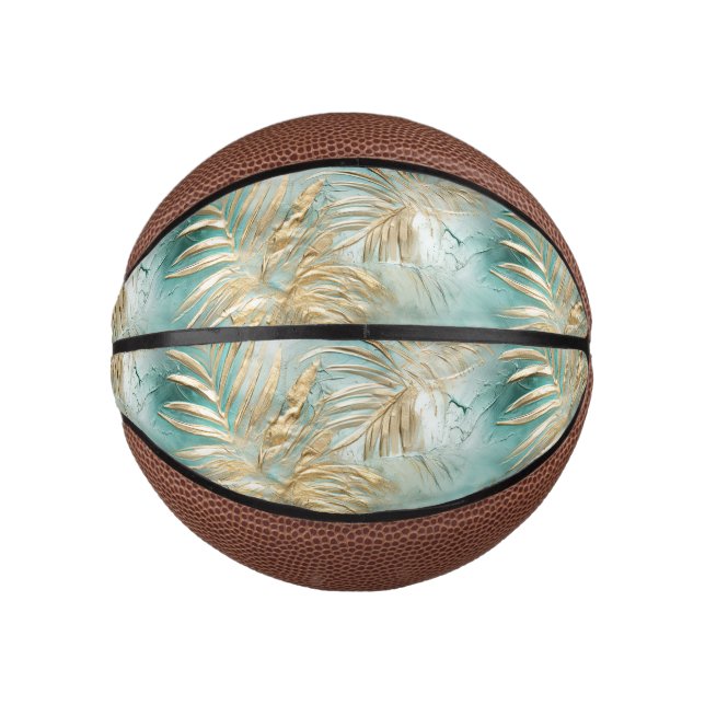 Gold Aqua White Tropical Blätter Mini Basketball (Vorderseite)