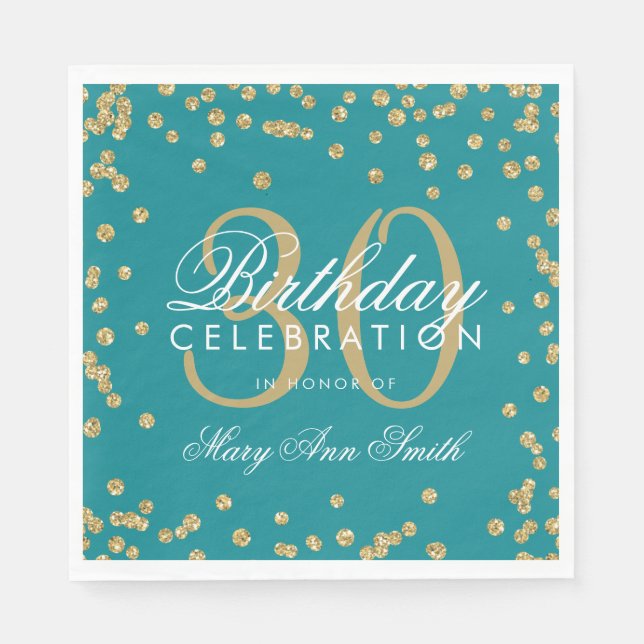 Gold Aquamarin 30. Geburtstag Glitzer Confetti Serviette (Vorderseite)