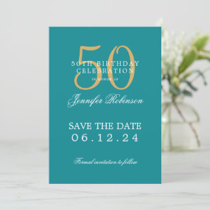 Gold Aquamarin 50. Geburtstag Save the Date Einladung