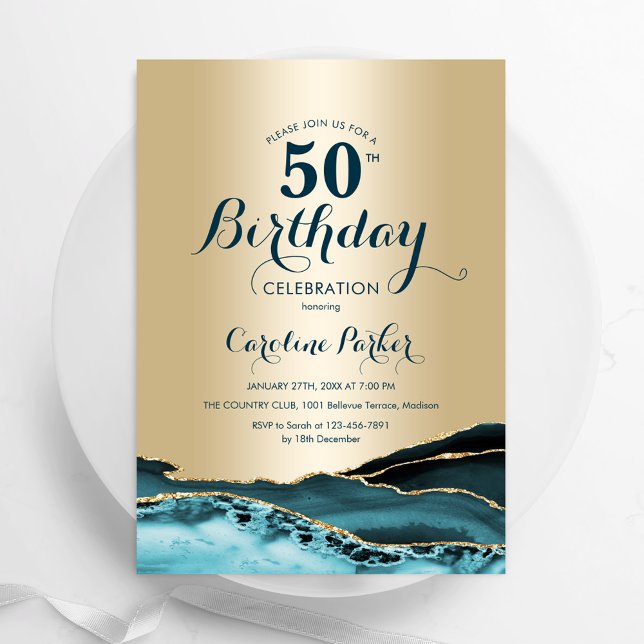Gold Aquamarin Agate 50. Geburtstag Einladung (Von Creator hochgeladen)