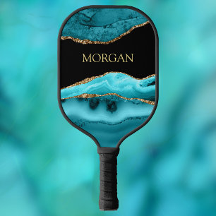 Gold & Aquamarin Agate, Goldname auf schwarz Pickleball Schläger