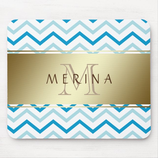 Gold Aquamarin Beach Zickzack Muster Monogram Mousepad (Vorne)