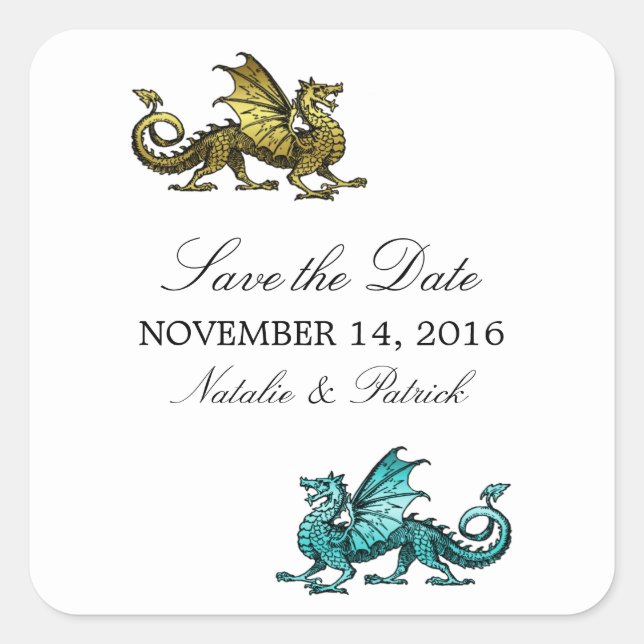 Gold Aquamarin Dragon Save the Date Stickers (Vorderseite)