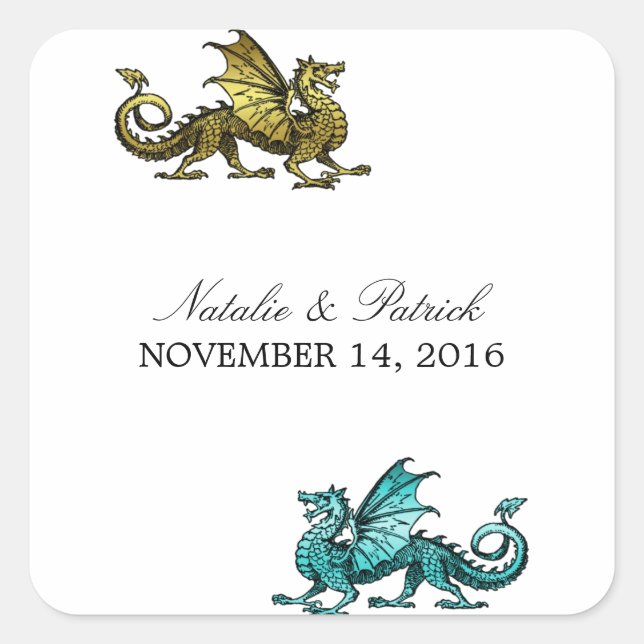 Gold Aquamarin Dragon Wedding Stickers (Vorderseite)
