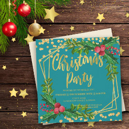 Gold Aquamarin Floral Holly Glitzer Weihnachten Einladung
