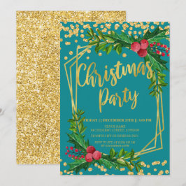 Gold Aquamarin Floral Holly Glitzer Weihnachten Un Einladung