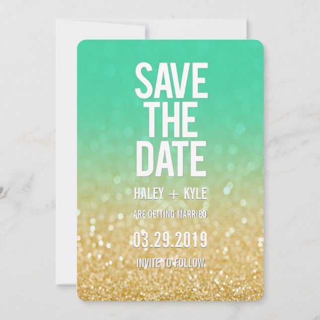 Gold Aquamarin Ombre Glitzer Save the Date Typogra Einladung (Rückseite)
