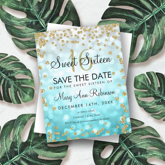 Gold Aquamarin Ombre Sweet 16 Save the Date Glitze Einladung (Von Creator hochgeladen)