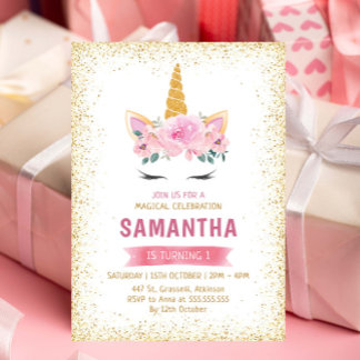 Gold Aquamarin rosa Blume Magisches Einhorn Geburt Einladung