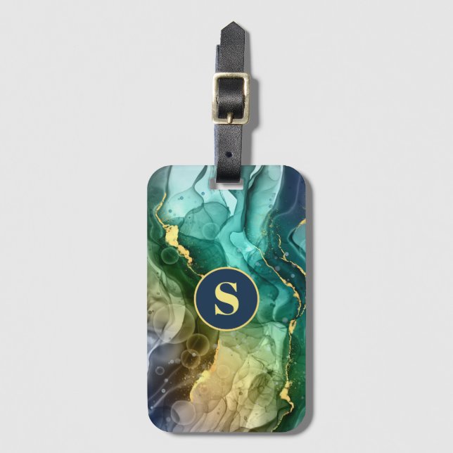 Gold, Aquamarin und dunkelgrau, flüssig, DIY Monog Gepäckanhänger (Vorderseite Vertikal)