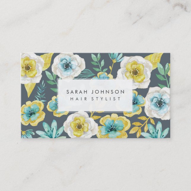 Gold Aquamarine Blumenhaar Stylist Business Cards Visitenkarte (Vorderseite)