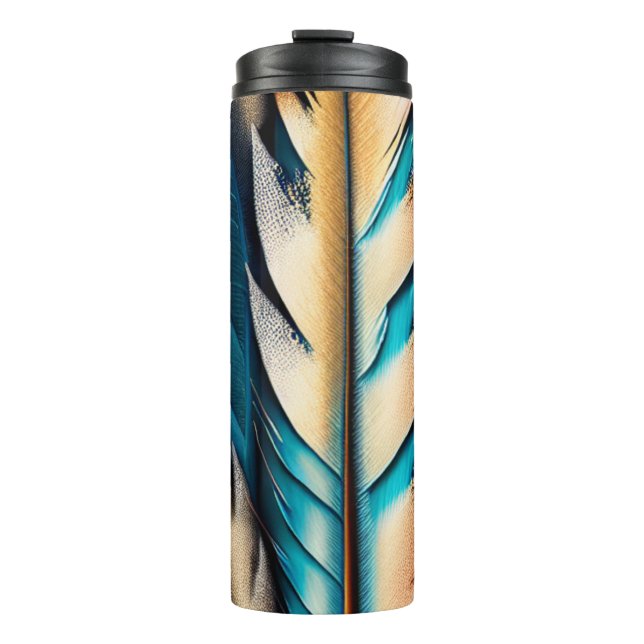 Gold & Aquamarine Federn Kunst Thermosbecher (Vorderseite)