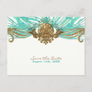 Gold & Aquamarine Muschel Glam Beach Save the Date Ankündigungspostkarte