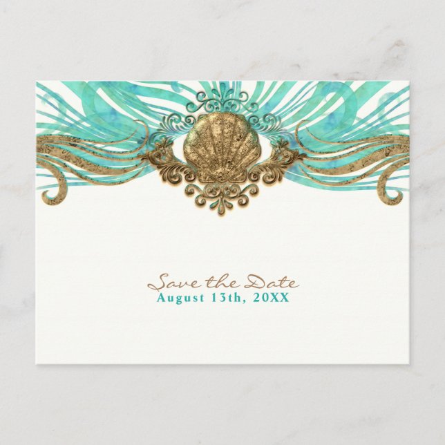 Gold & Aquamarine Muschel Glam Beach Save the Date Ankündigungspostkarte (Vorderseite)