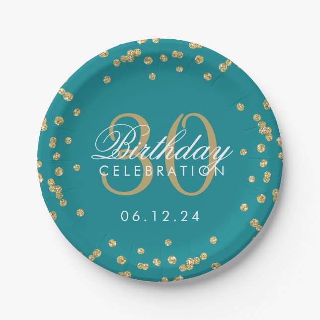 Gold Aquamariner Glitzer Confetti 30. Geburtstag Pappteller (Vorderseite)