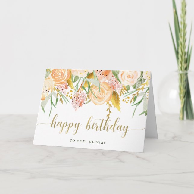 Gold Aquarellblume | Happy Birthday Karte (Vorderseite)
