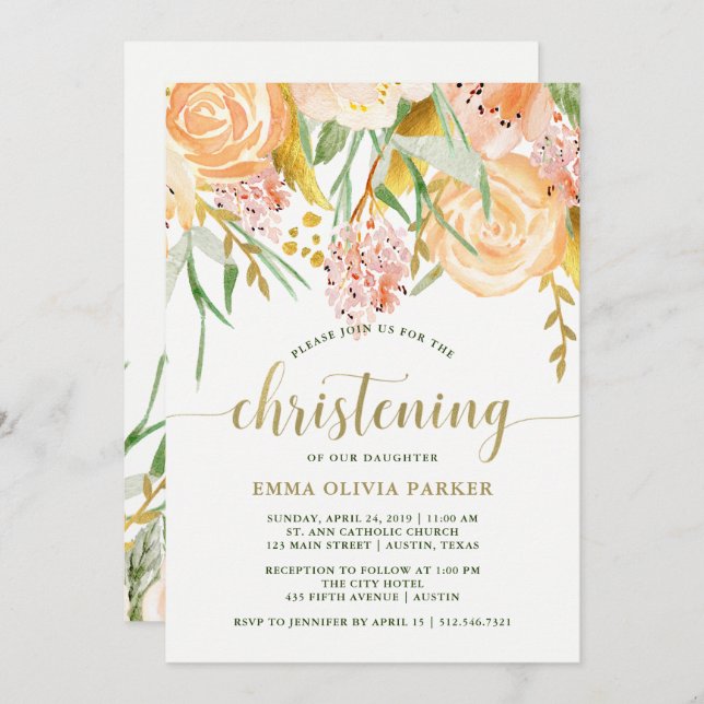 Gold Aquarellblume in Weiß | Feiern Einladung (Vorne/Hinten)