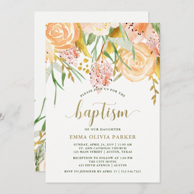 Gold Aquarellblume in Weiß | Taufe Einladung (Vorne/Hinten)