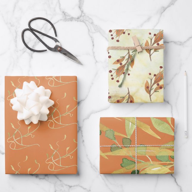 Gold Aquarellfolien und Berries Geschenkpapier Set (Vorderseite)