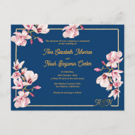 Gold Arch Navy Magnolia Floral Wedding Invitation Postkarte