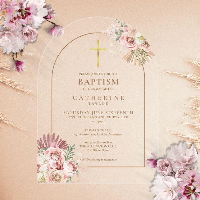 Gold Arch Pampas Grass Floral Girl Taufe Acryleinladungen (Gold Arch Pampas Grass Floral Girl Baptism Acrylic Invitations)