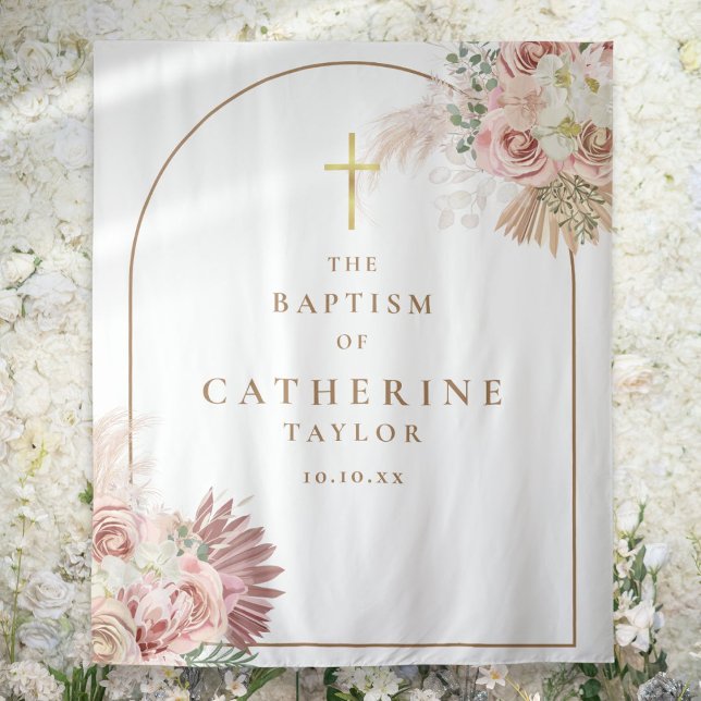 Gold Arch Pampas Grass Taufen Foto Hintergrund Wandteppich (Gold Arch Pampas Grass Baptism Photo Backdrop)