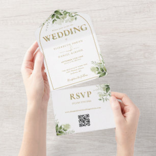 Gold Arch Rustic Greenerity QR Code Hochzeit All In One Einladung