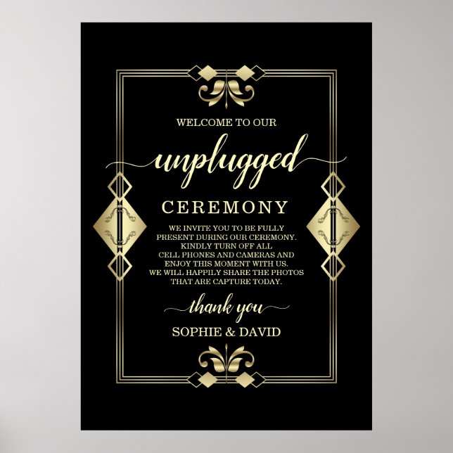 Gold Art Deco 20s Unplugged Wedding Zeremony Sign Poster (Vorne)