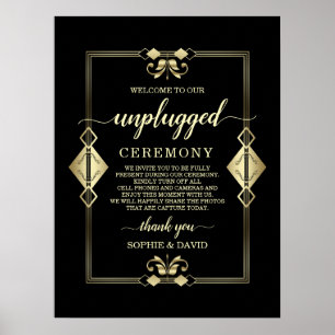 Gold Art Deco 20s Unplugged Wedding Zeremony Sign Poster