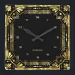 Gold Art Deco Frame Quadratische Wanduhr<br><div class="desc">Gold Farbtöne Art Deco Rahmen,  geometrischer Stil über einem schwarzen Hintergrund. Anpassbare Monogramm.</div>