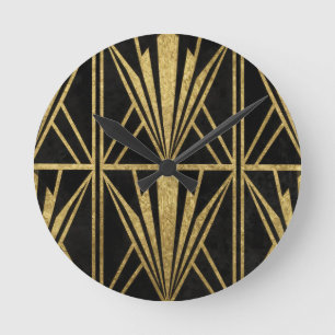 Gold Art Deco geometrisches Fächer-Muster Schwarz Runde Wanduhr
