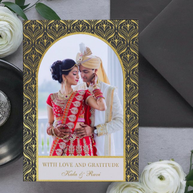 Gold Art Deco Hochzeit Vielen Dank Foto Karte (indian wedding thank you card, hindu wedding thank you card, art deco gold mundap arch photo card)