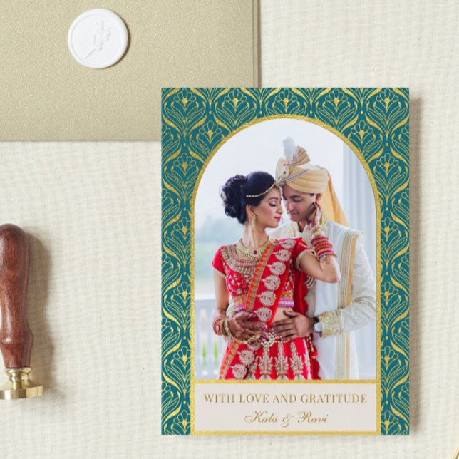 Gold Art Deco Hochzeit Vielen Dank Foto Karte (indian wedding thank you card, hindu wedding thank you card, art deco gold mundap arch photo card)