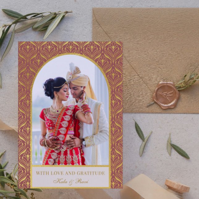 Gold Art Deco Hochzeit Vielen Dank Foto Karte (indian wedding thank you card, hindu wedding thank you card, art deco gold mundap arch photo card)
