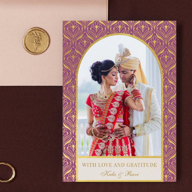 Gold Art Deco Hochzeit Vielen Dank Foto Karte (indian wedding thank you card, hindu wedding thank you card, art deco gold mundap arch photo card)