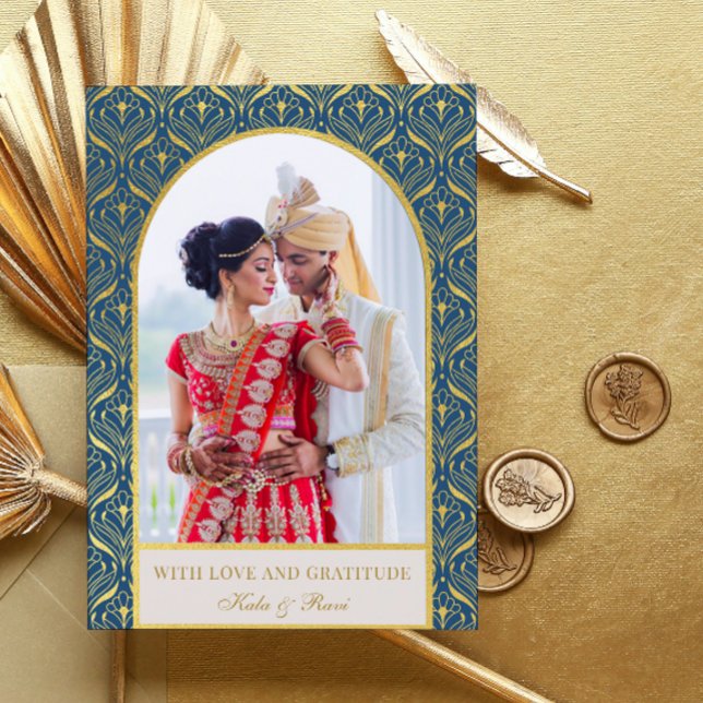 Gold Art Deco Hochzeit Vielen Dank Foto Karte (indian wedding thank you card, hindu wedding thank you card, art deco gold mundap arch photo card)