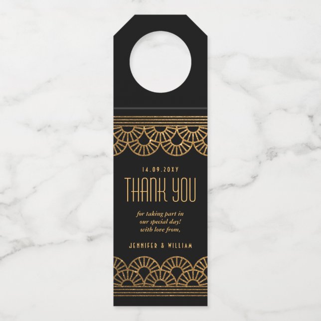 Gold Art Deco Lüfter Danke Flasche Tag Flaschenanhänger (Vorderseite)
