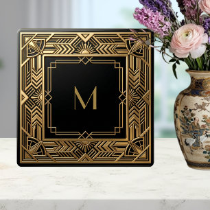 Gold Art Deco Monogram Schwarz Personalisiert Fliese