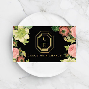 Gold Art Deco Monogram Vintag Florals Black Visitenkarte
