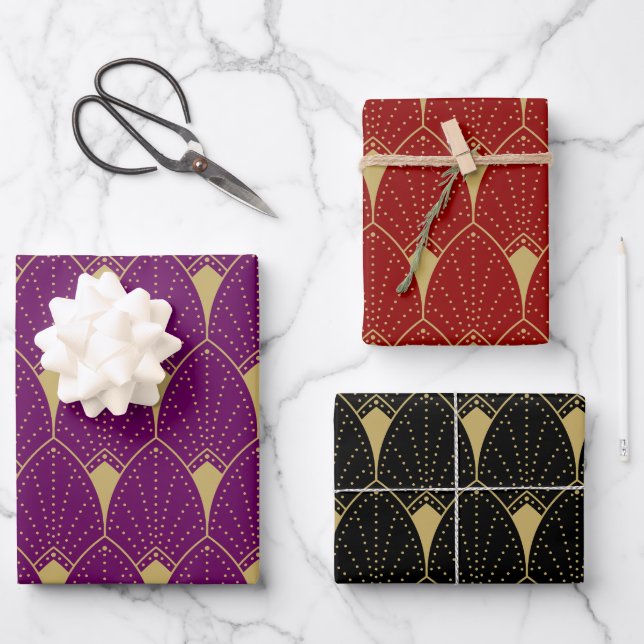 Gold Art Deco Muster auf Rot Schwarz und Lila Geschenkpapier Set (Vorderseite)