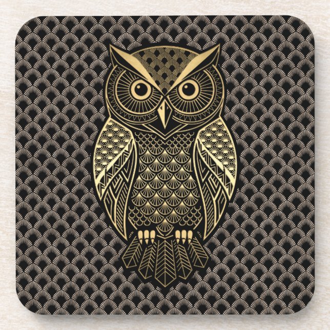 Gold Art Deco Owl Getränkeuntersetzer (Vorderseite)