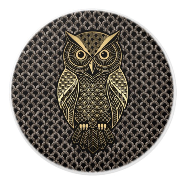 Gold Art Deco Owl Keramikknauf (Vorderseite)