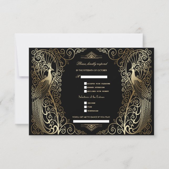 Gold Art Deco Peacocks Song Anfrage Hochzeit RSVP Karte (Vorderseite)