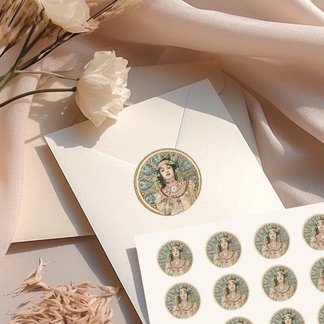 Gold Art Nouveau Mucha Sarah Bernhardt Champagne Runder Aufkleber (Von Creator hochgeladen)