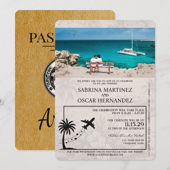 Gold Aruba Pass Einladung zur Hochzeit (Vorne/Hinten)