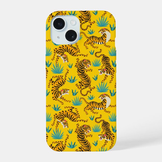 Gold Asian Tiger Pattern iPhone 15 Hülle (Rückseite)
